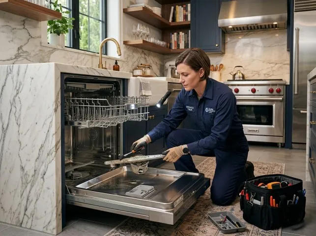 Appliance Repair Hero technician servicing a built-in dishwasher in a Avoca, MI kitchen