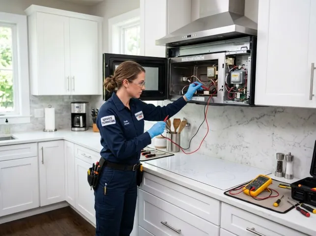Appliance Repair Hero technician testing an over-the-range microwave in a Avoca, MI kitchen