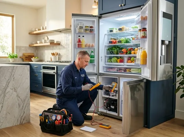 Appliance Repair Hero refrigerator technician testing a fridge on a Avoca, MI service call