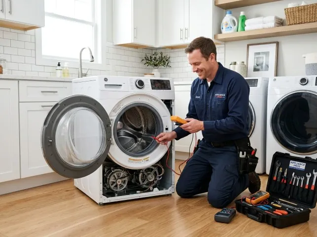 Appliance Repair Hero technician testing a front-load washer with a multimeter on a Avoca, MI service call